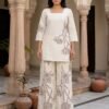 Off-White Floral Designer Short Kurti & Wide-Leg Palazzo Co-ord Set