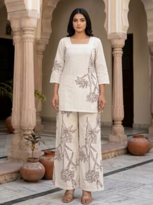 Off-White Floral Designer Short Kurti & Wide-Leg Palazzo Co-ord Set