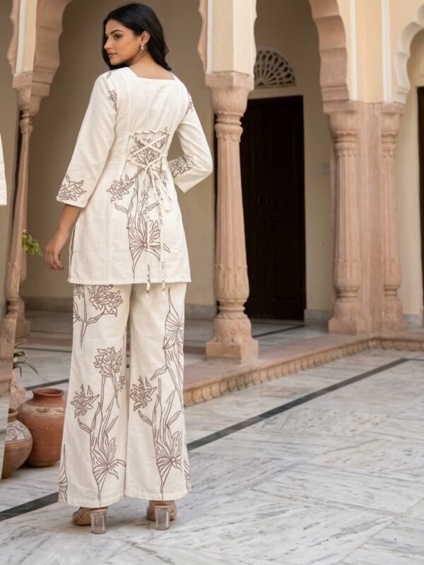 Off-White Floral Designer Short Kurti & Wide-Leg Palazzo Co-ord Set