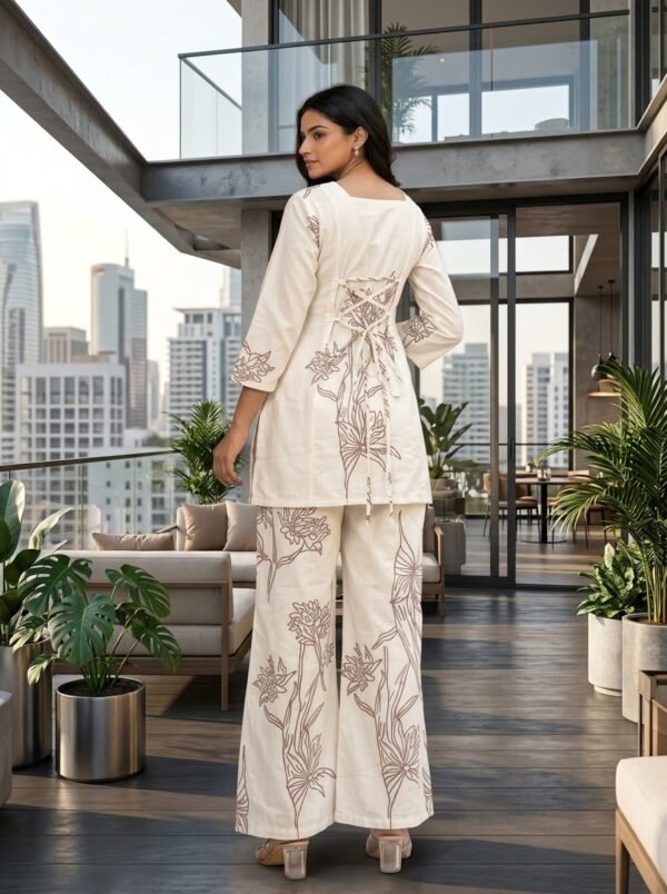 Off-White Floral Designer Short Kurti & Wide-Leg Palazzo Co-ord Set