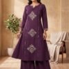 IMG_9524 Royal Purple Gold Motif A-Line Kurta Set with Flared Palazzo & Matching Potli