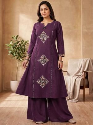 Royal Purple Gold Motif A-Line Kurta Set with Flared Palazzo & Matching Potli