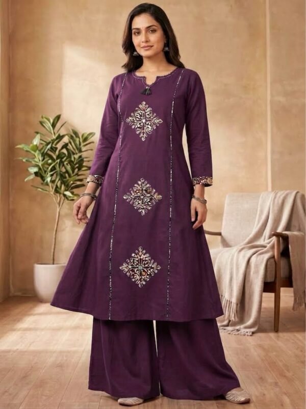 IMG_9524 Royal Purple Gold Motif A-Line Kurta Set with Flared Palazzo & Matching Potli