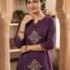 IMG_9647 Royal Purple Gold Motif A-Line Kurta Set with Flared Palazzo & Matching Potli