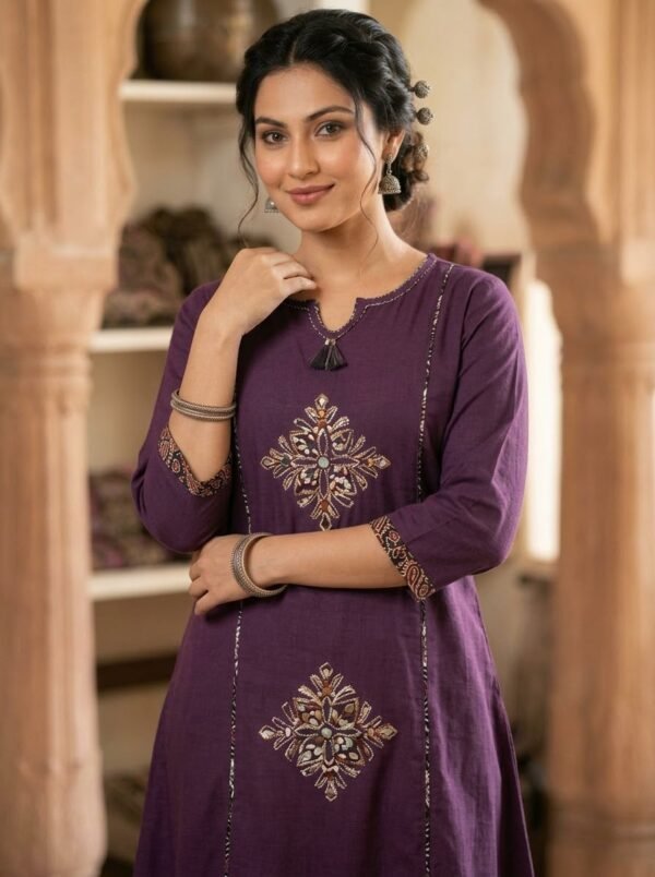 IMG_9647 Royal Purple Gold Motif A-Line Kurta Set with Flared Palazzo & Matching Potli