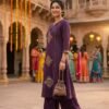 IMG_9648 Royal Purple Gold Motif A-Line Kurta Set with Flared Palazzo & Matching Potli