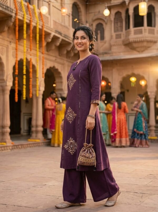 IMG_9648 Royal Purple Gold Motif A-Line Kurta Set with Flared Palazzo & Matching Potli