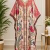 Printed Silk-Blend Free Size Kaftan Set with Embellished Neckline