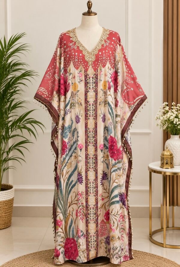 Printed Silk-Blend Free Size Kaftan Set with Embellished Neckline