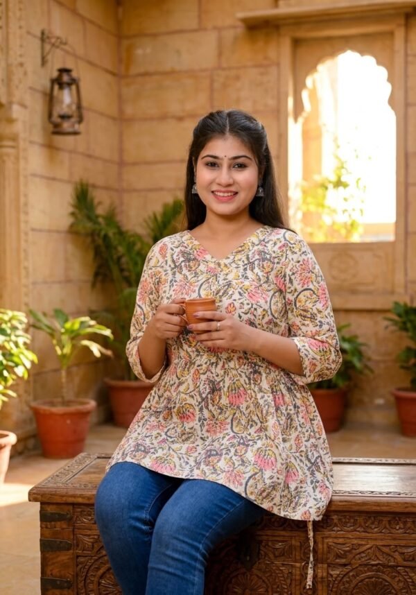 Elegant Floral Print Block-Style Cotton Short Kurti / Tunic Top