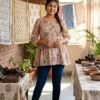 Elegant Floral Print Block-Style Cotton Short Kurti / Tunic Top