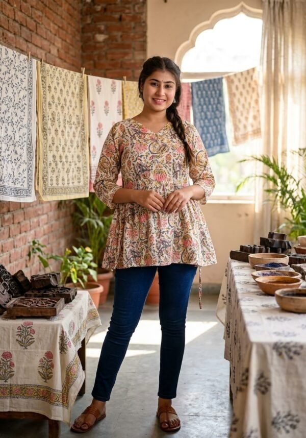 Elegant Floral Print Block-Style Cotton Short Kurti / Tunic Top