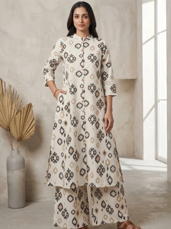Geometric Printed Front-Open Kurta Set with Wide-Leg Palazzos