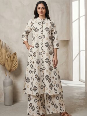 Geometric Printed Front-Open Kurta Set with Wide-Leg Palazzos