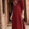 Maroon Diamond Embroidered Straight Kurta & Wide-Leg Palazzo Set
