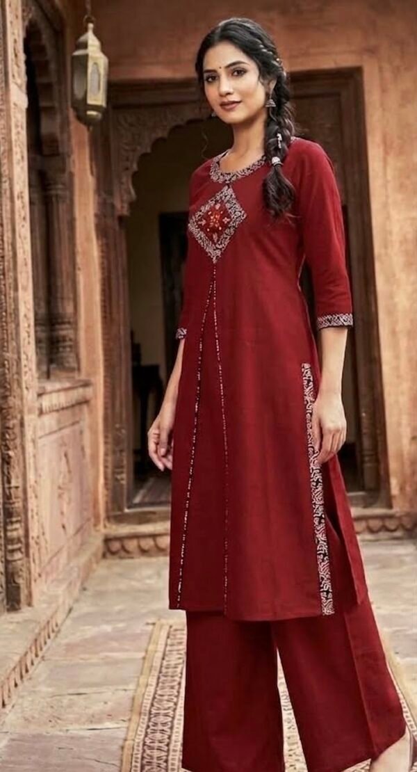 Maroon Diamond Embroidered Straight Kurta & Wide-Leg Palazzo Set