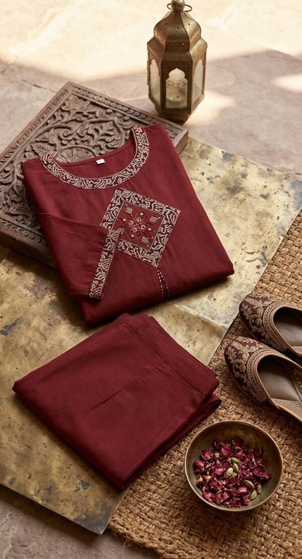 Maroon Diamond Embroidered Straight Kurta & Wide-Leg Palazzo Set