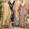 Printed Silk-Blend Free Size Kaftan Set with Embellished Neckline