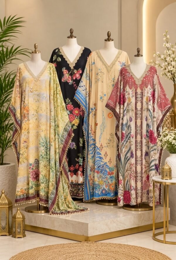 Printed Silk-Blend Free Size Kaftan Set with Embellished Neckline