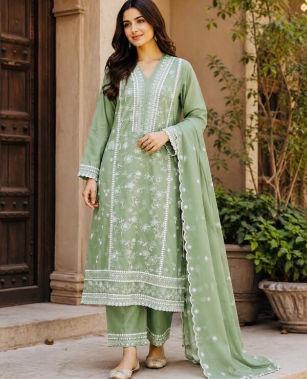 Screenshot Elegant Sage Green Embroidered Kurta Set with Scalloped D