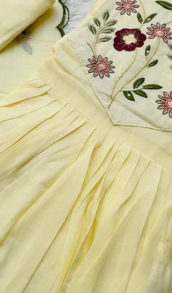 Screenshot Pastel Yellow Floral Embroidered Anarkali Suit Set with Cutwork Scalloped Dupatta