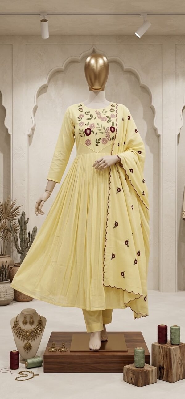 IMG_9882 Pastel Yellow Floral Embroidered Anarkali Suit Set with Cutwork Scalloped Dupatta