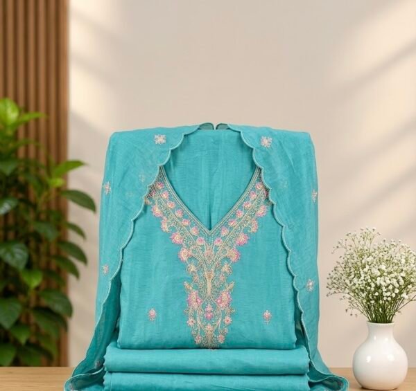 IMG_9891 Elegant Turquoise Embroidered Kurta Set with Scalloped Dupatta & Matching Bottom