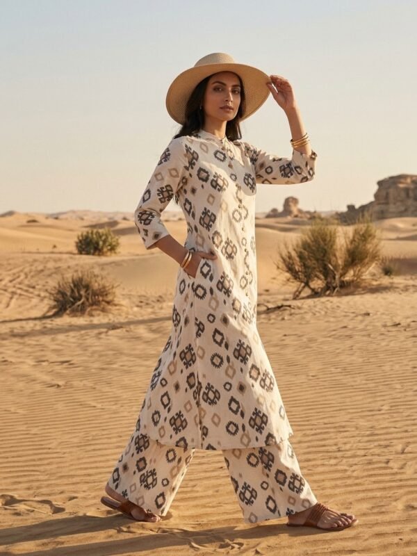 Geometric Printed Front-Open Kurta Set with Wide-Leg Palazzos