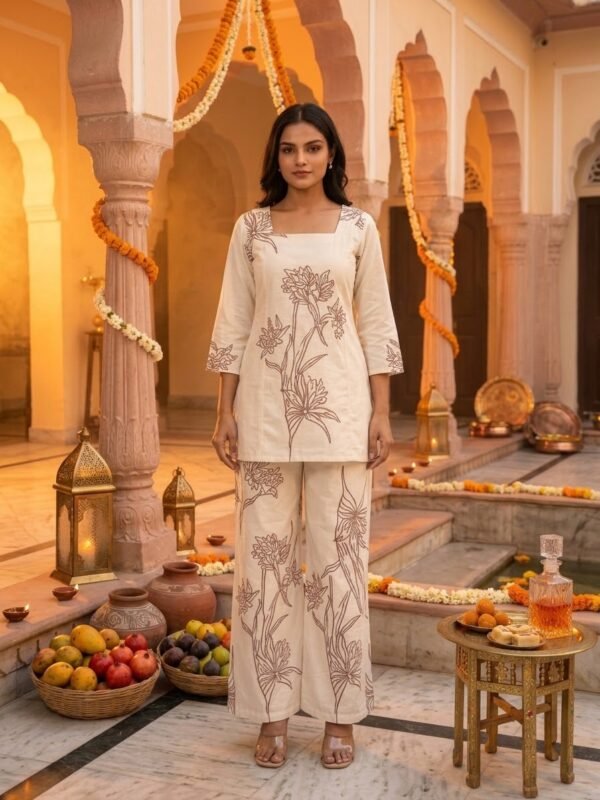 Off-White Floral Designer Short Kurti & Wide-Leg Palazzo Co-ord Set