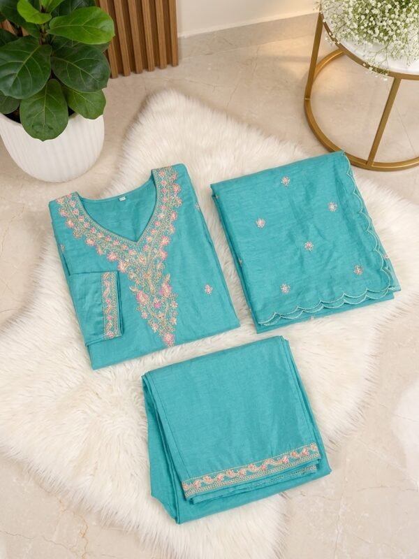IMG_9951 Elegant Turquoise Embroidered Kurta Set with Scalloped Dupatta & Matching Bottom