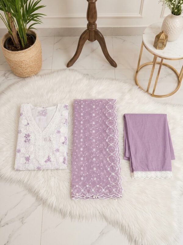 IMG_9952 Lavender Floral Embroidered Chikankari Kurta Set with Scalloped Dupatta
