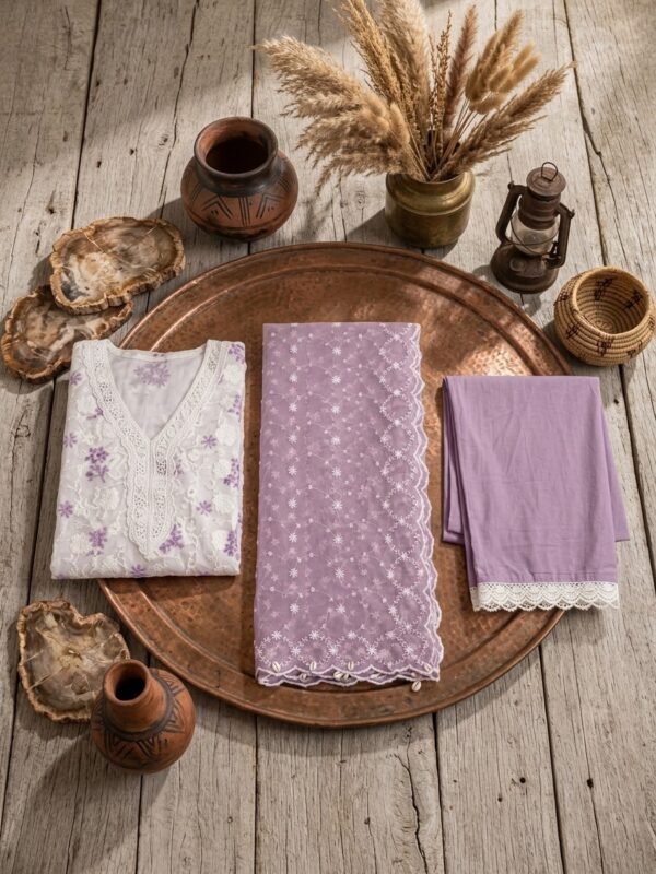 IMG_9953 Lavender Floral Embroidered Chikankari Kurta Set with Scalloped Dupatta