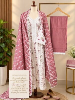 Elegant Dusty Pink & White Floral Embroidered 3-Piece Ready to Wear  Suit Se