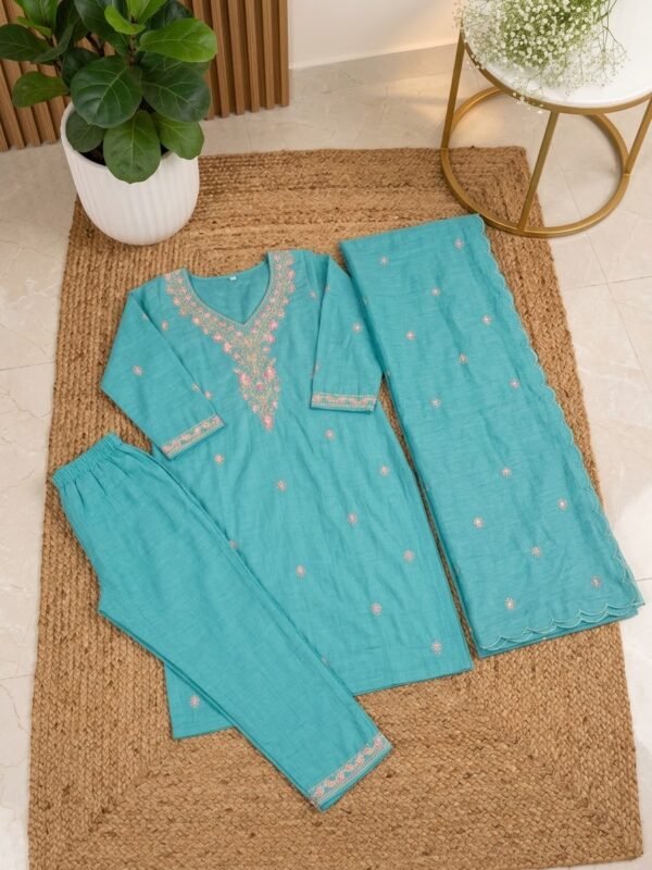 IMG_9961 Elegant Turquoise Embroidered Kurta Set with Scalloped Dupatta & Matching Bottom