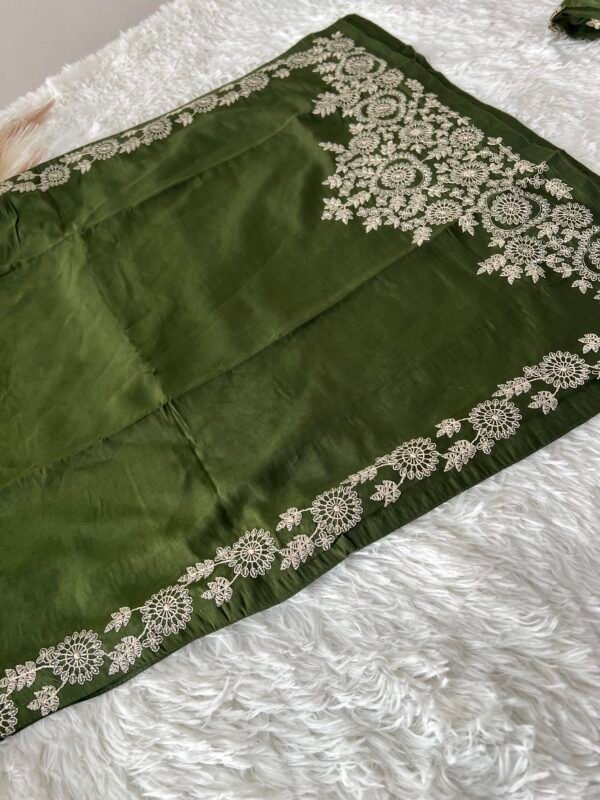 Olive Green Embroidered Roman Silk  Kurta Set with Sheer Scalloped Dupatta