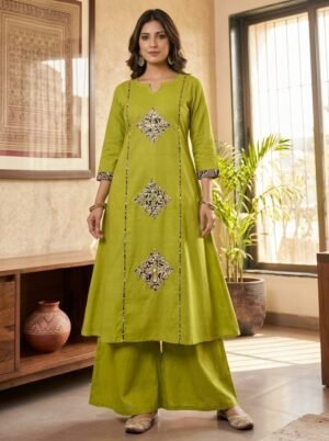 Olive Green Mirror & Thread Embroidered 2-Piece Kurta Set