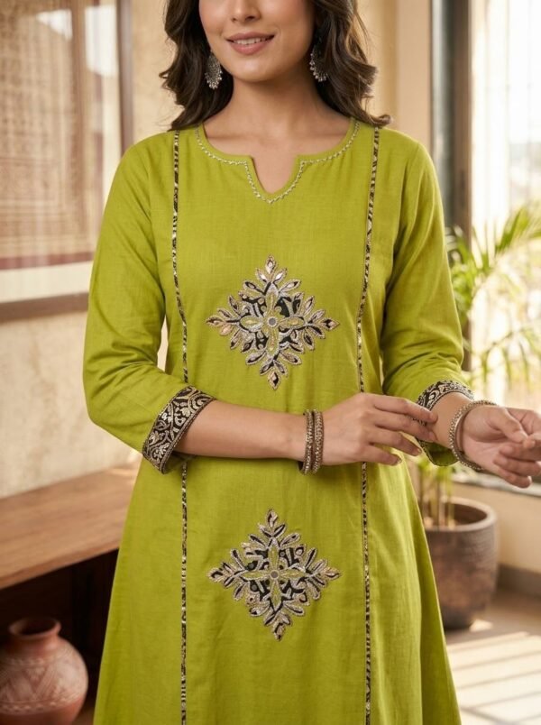 Olive Green Mirror & Thread Embroidered 2-Piece Kurta Set