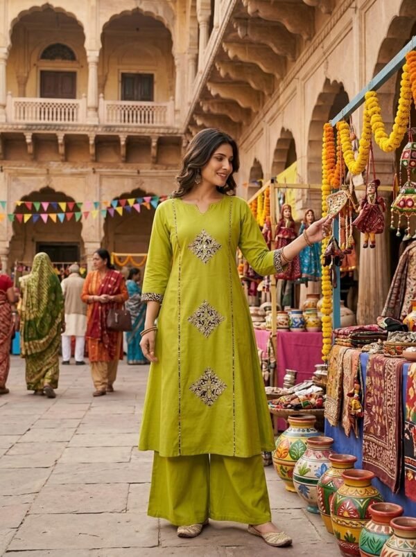 Olive Green Mirror & Thread Embroidered 2-Piece Kurta Set