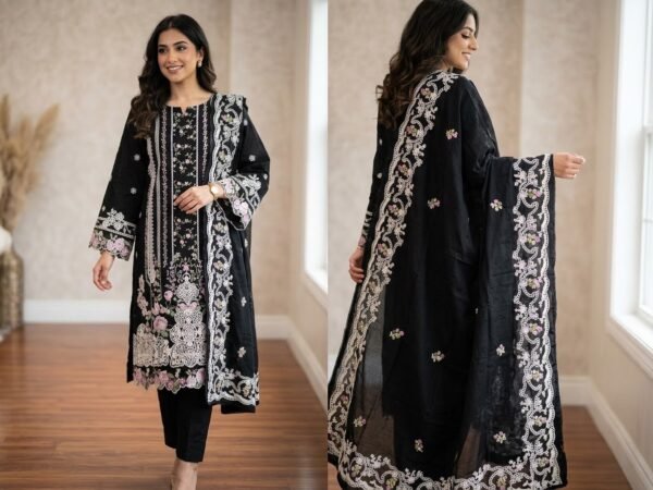 IMG_0051 Pakistani Black and rose embroidered unstitched cotton lawn collection