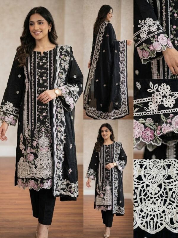 IMG_0052 Pakistani Black and rose embroidered unstitched cotton lawn collection