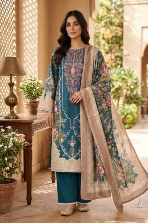 Celebration 3-Piece Printed & Embroidered Teal Suit